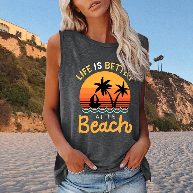 2022 New Life Is Better Seascape Pattern Loose Casual Round Neck Sleeveless T-Shirt - Image 3