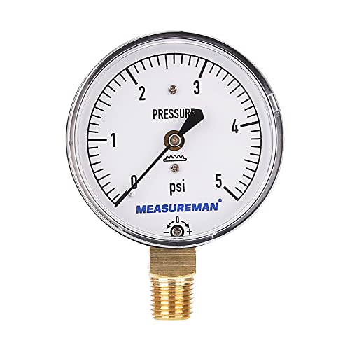 MEASUREMAN Diaphragm Type Capsule Low Pressure Gauge, 2-1/2" Dial, 1/4" NPT Lower Mount, Adjustable, 0-5Psi - Image 1