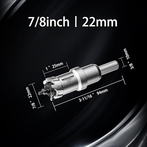 Mollom (7/8''|22mm) Heavy Duty Carbide Hole Saw with 2 Pilot Drill Bits, Hole Cutter cuts Stainless Steel, mild Steel, Iron, Copper, Brass, Plastic - Image 2