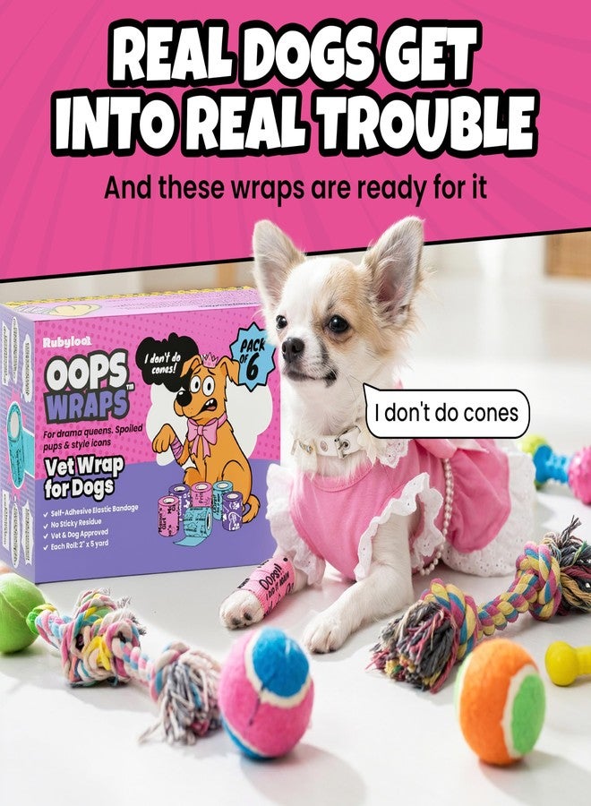 rubyloo Vet Wrap for Dogs – Funny Dog Bandage for Wounds – Girls 6 Pack 2" Self-Adhesive Vet Tape – Breathable Pet Wrap Bandage for Hot Spots & Injuries – Dog First Aid Kit Supplies – Oops Wraps by Rubyloo - Image 4