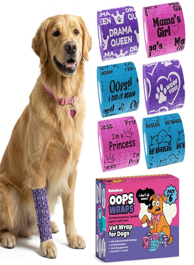rubyloo Vet Wrap for Dogs – Funny Dog Bandage for Wounds – Girls 6 Pack 2" Self-Adhesive Vet Tape – Breathable Pet Wrap Bandage for Hot Spots & Injuries – Dog First Aid Kit Supplies – Oops Wraps by Rubyloo - Image 1