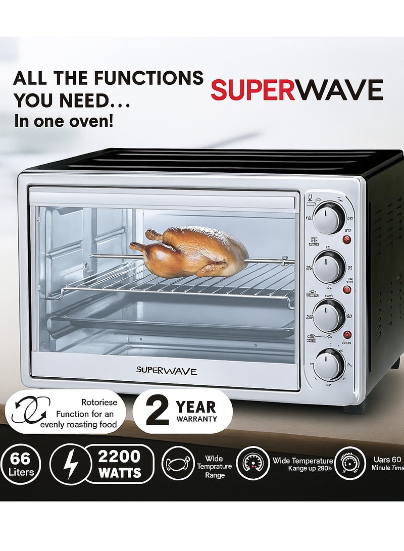 Superwave Electric Oven 66L 2200W with Chicken Grill Function | 6 Heating Levels & 60 Minutes Timer | Heat Distribution Fan & Interior Lighting | Heat Control Up to 250°C | Multifunctional Oven  - Image 3