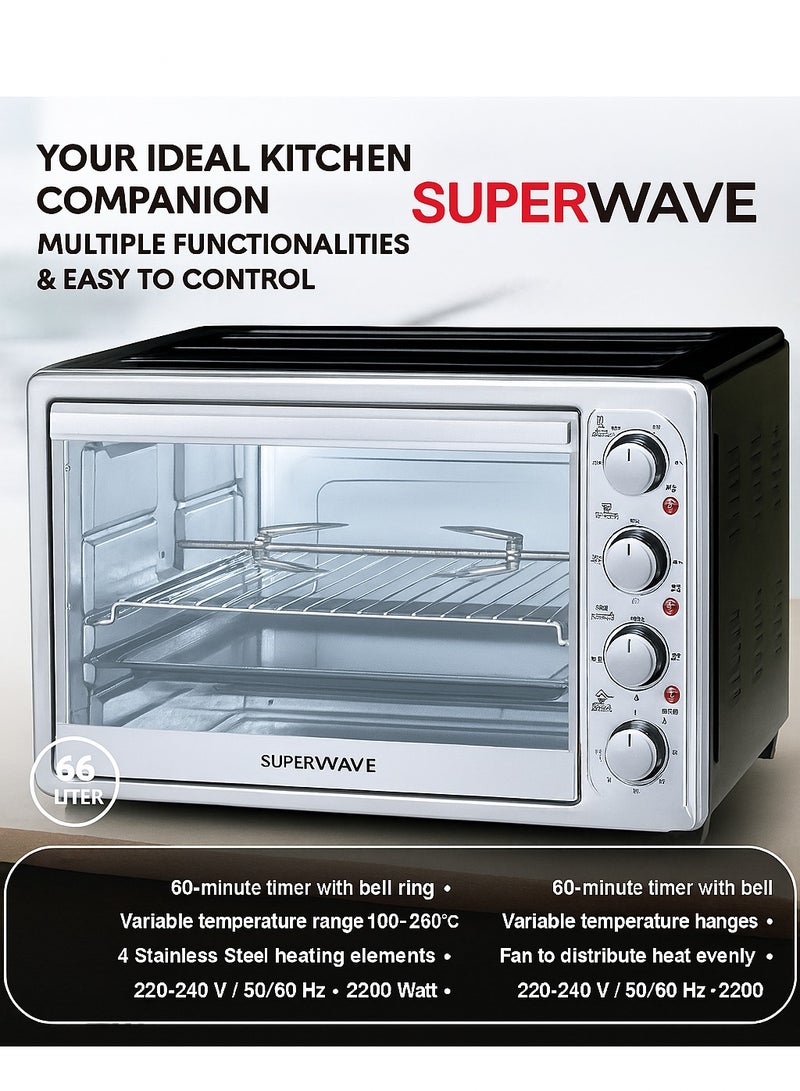 Superwave Electric Oven 66L 2200W with Chicken Grill Function | 6 Heating Levels & 60 Minutes Timer | Heat Distribution Fan & Interior Lighting | Heat Control Up to 250°C | Multifunctional Oven  - Image 5