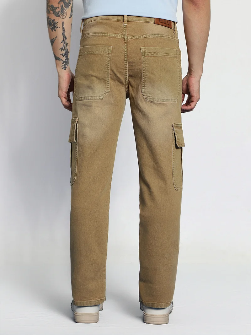 Urbano Fashion  Urbano Fashion Men's Dark Khaki Regular Fit Washed Cargo Jeans with 6 Pockets Stretchable  | Best Price UAE