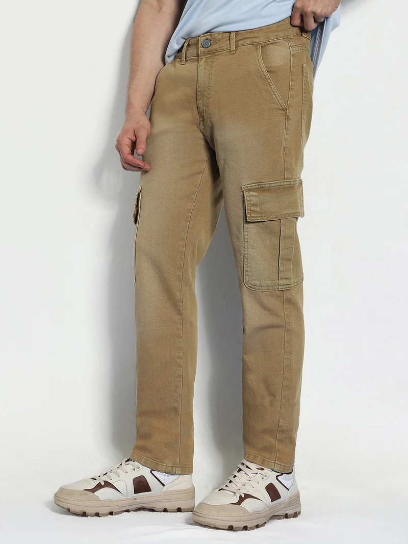 Urbano Fashion Men's Dark Khaki Regular Fit Washed Cargo Jeans with 6 Pockets Stretchable