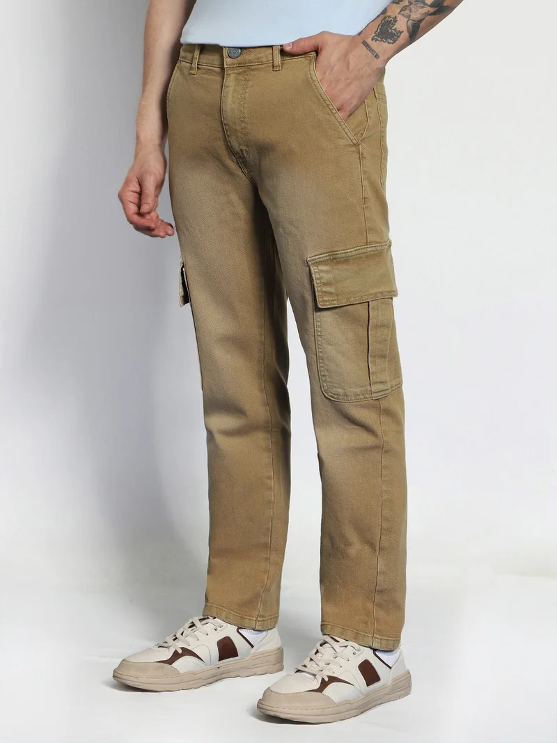 Urbano Fashion  Urbano Fashion Men's Dark Khaki Regular Fit Washed Cargo Jeans with 6 Pockets Stretchable  | Best Price UAE