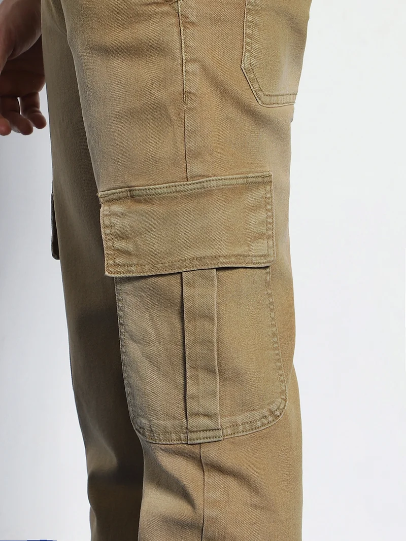 Urbano Fashion  Urbano Fashion Men's Dark Khaki Regular Fit Washed Cargo Jeans with 6 Pockets Stretchable  | Best Price UAE