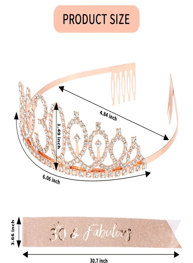 CIEHER 30th Birthday Crown + Sash + Pearl Pin Set, Rose Gold Decorations for Women's 30th Birthday Gifts with Tiara, Cake Topper & Happy Party Decor - Image 4