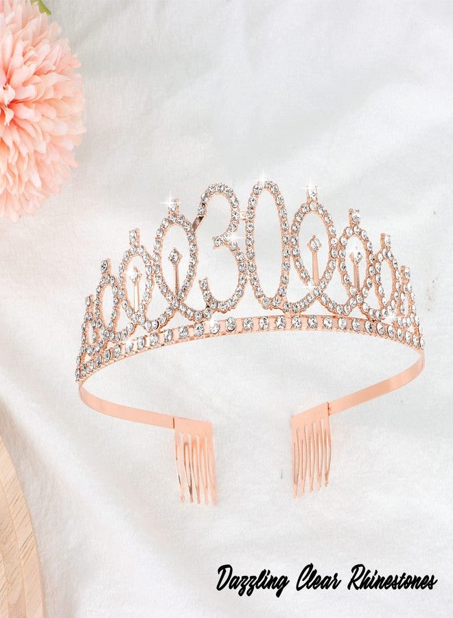 CIEHER 30th Birthday Crown + Sash + Pearl Pin Set, Rose Gold Decorations for Women's 30th Birthday Gifts with Tiara, Cake Topper & Happy Party Decor - Image 3