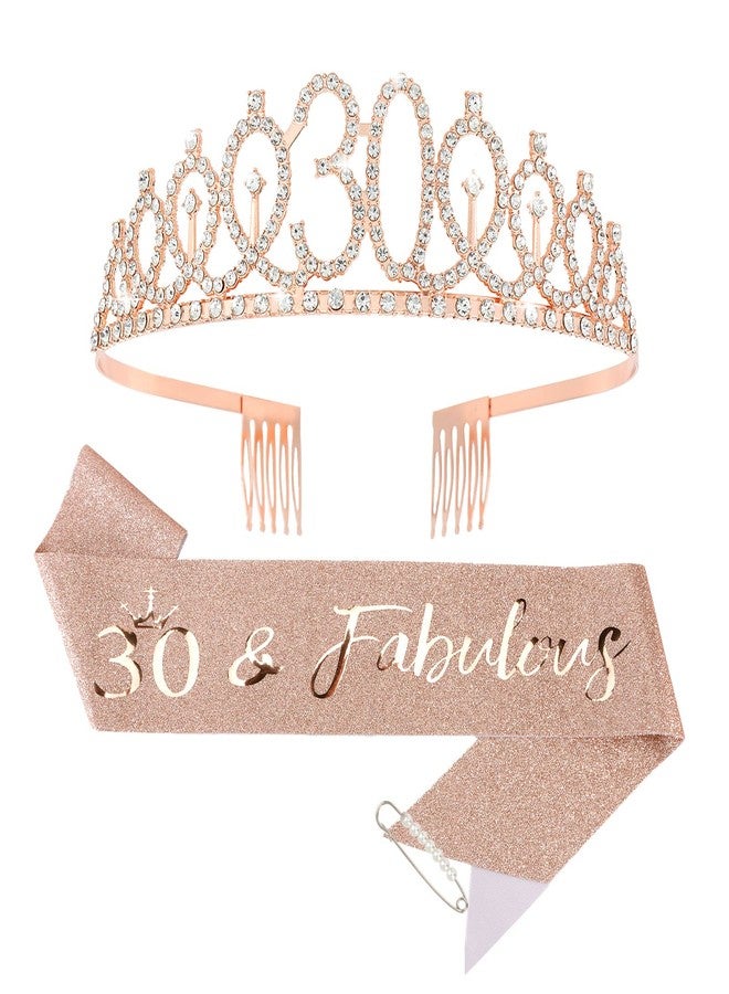 CIEHER 30th Birthday Crown + Sash + Pearl Pin Set, Rose Gold Decorations for Women's 30th Birthday Gifts with Tiara, Cake Topper & Happy Party Decor - Image 1