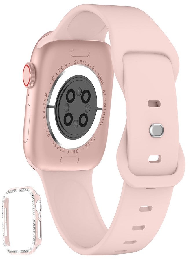 XYF Compatible for Pink Apple Watch Bands 46mm Series 11 10 Women with Bumper Case, Soft Silicone Strap Glitter Bling Face Cover for iWatch SE Ultra 3 2 Series 11 10 9 8 7 6 5 4 3 2 1 (Pinksand, 46/S11) - Image 2