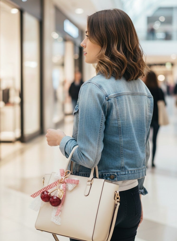 تعليقة وميدالية كرز أحمر لامع بفيونكة قماش ودانتيل فاخر - Image 2