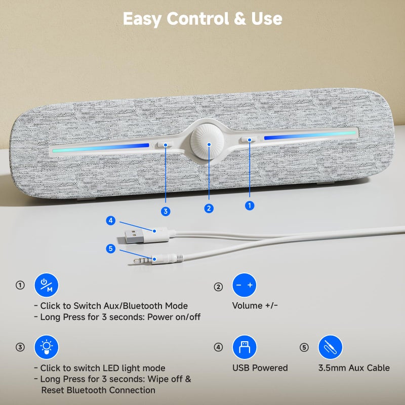 SOULION Computer Speakers for Desktop, USB Powered Bluetooth PC Speaker with Led Light, 3.5mm Aux Soundbar with Rotary Volume Control Button for Laptop Monitor White - Image 3