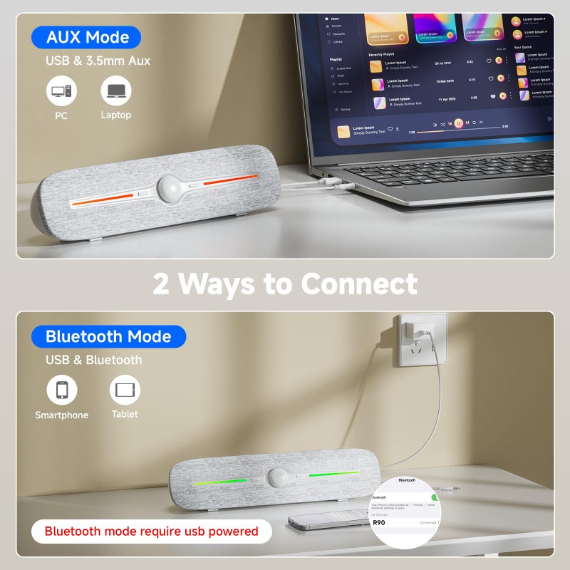 SOULION Computer Speakers for Desktop, USB Powered Bluetooth PC Speaker with Led Light, 3.5mm Aux Soundbar with Rotary Volume Control Button for Laptop Monitor White - Image 5