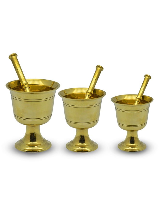 Majestic Brass Hawan Dasta Mortar and Pestle Set of 3 – Dia 10.5 cm, 11.5 cm, 12.5 cm & Height 12 cm, 13.5 cm, 15 cm – Durable Handcrafted Design for Grinding Spices, Herbs, Spiritual Rituals, and Kitchen Use - Image 2
