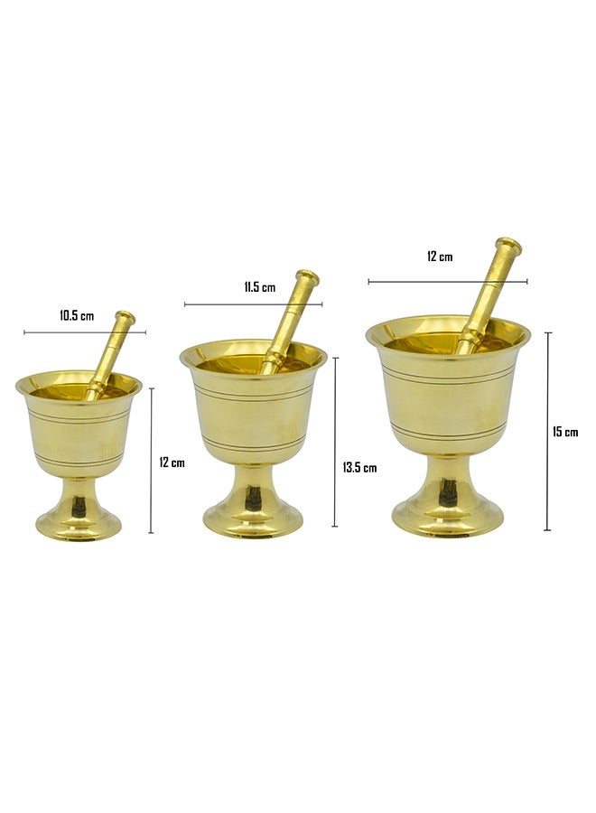 Majestic Brass Hawan Dasta Mortar and Pestle Set of 3 – Dia 10.5 cm, 11.5 cm, 12.5 cm & Height 12 cm, 13.5 cm, 15 cm – Durable Handcrafted Design for Grinding Spices, Herbs, Spiritual Rituals, and Kitchen Use - Image 5