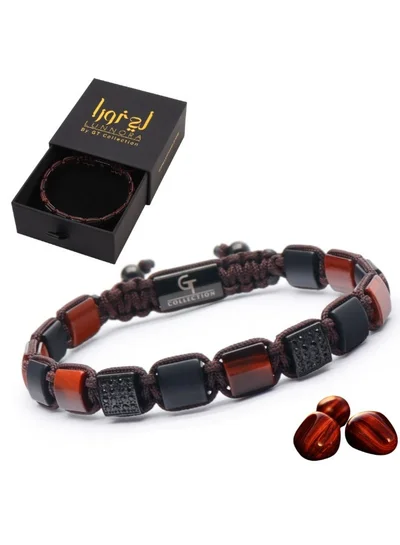 Lunnora Red Tiger Eye & Black Onyx Flat Beads Handmade Natural Stone Bead Bracelet – Bracelet for Men, Men’s Bracelet, Gifts for Men, Bracelets for Men – Adjustable One Size Fits All