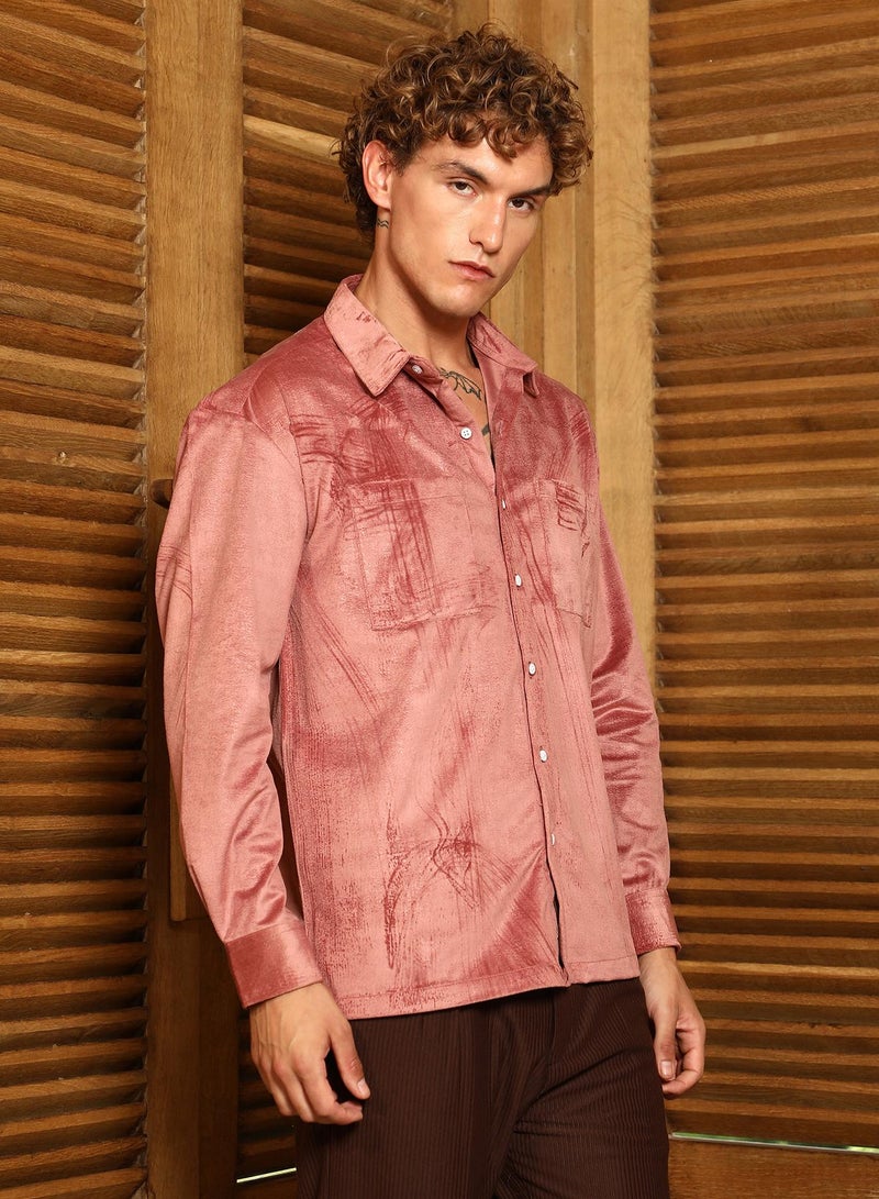 Campus Sutra Campus Sutra Men's Coral Pink Corroded Utility Shacket For Casual Wear | Spread Collar | Long Cuffed Sleeves | Button Closure | Overshirt/Shacket Crafted With Comfort Fit For Everyday Wear - Image 3