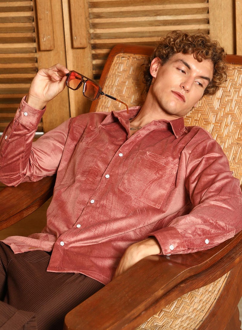 Campus Sutra Campus Sutra Men's Coral Pink Corroded Utility Shacket For Casual Wear | Spread Collar | Long Cuffed Sleeves | Button Closure | Overshirt/Shacket Crafted With Comfort Fit For Everyday Wear - Image 1