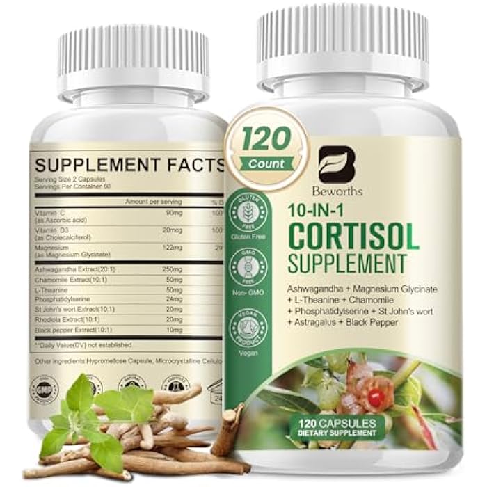 B BEWORTHS Cortisol Supplements for Women Men, 10-in-1 Cortisol Detox with Ashwagandha, Magnesium, L-Theanine, Balanced Cortisol Levels, Night & Calm Support, 120 Vegan Capsules - Image 1