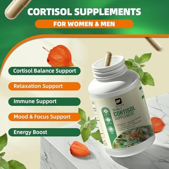 B BEWORTHS Cortisol Supplements for Women Men, 10-in-1 Cortisol Detox with Ashwagandha, Magnesium, L-Theanine, Balanced Cortisol Levels, Night & Calm Support, 120 Vegan Capsules - Image 3