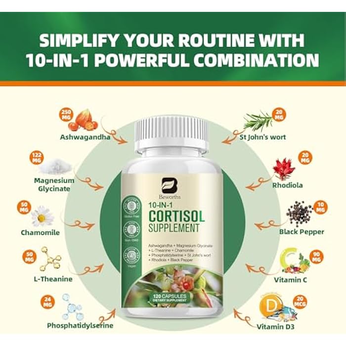 B BEWORTHS Cortisol Supplements for Women Men, 10-in-1 Cortisol Detox with Ashwagandha, Magnesium, L-Theanine, Balanced Cortisol Levels, Night & Calm Support, 120 Vegan Capsules - Image 2