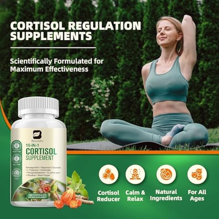 B BEWORTHS Cortisol Supplements for Women Men, 10-in-1 Cortisol Detox with Ashwagandha, Magnesium, L-Theanine, Balanced Cortisol Levels, Night & Calm Support, 120 Vegan Capsules - Image 4