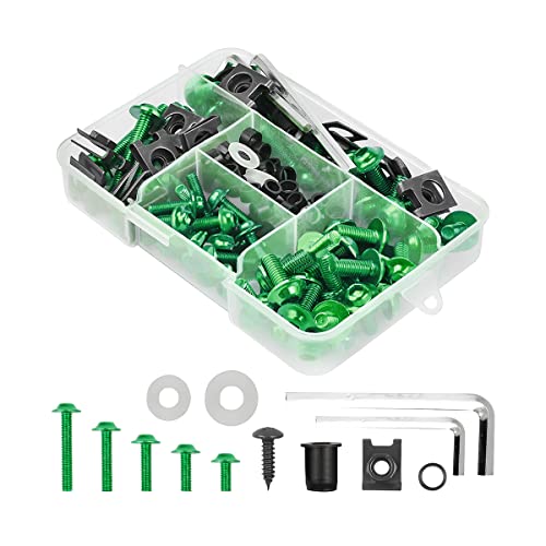 BELOMI Motorcycle Fairing Bolt Kit, 177pcs M5 M6 Motorcycle Windscreen Screws, Aluminum Fasteners Fairing Bolts Nut Clips Kit, Mounting Kits Washers Nuts Screws Assortment for Sport Bikes (Green) - Image 1