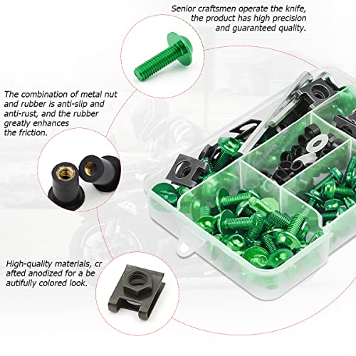 BELOMI Motorcycle Fairing Bolt Kit, 177pcs M5 M6 Motorcycle Windscreen Screws, Aluminum Fasteners Fairing Bolts Nut Clips Kit, Mounting Kits Washers Nuts Screws Assortment for Sport Bikes (Green) - Image 3