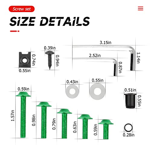BELOMI Motorcycle Fairing Bolt Kit, 177pcs M5 M6 Motorcycle Windscreen Screws, Aluminum Fasteners Fairing Bolts Nut Clips Kit, Mounting Kits Washers Nuts Screws Assortment for Sport Bikes (Green) - Image 2