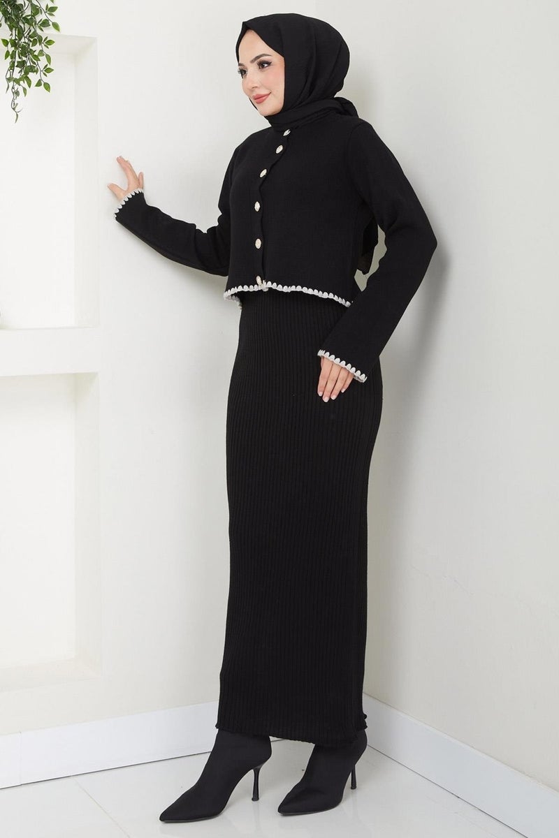 Hafsamina Shepherd Stitched Cardigan and Vest Knitwear Set Black HM2613 - Image 4