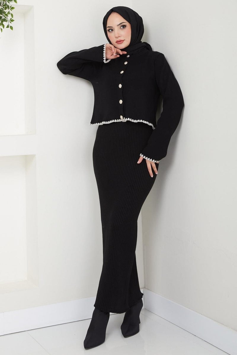 Hafsamina Shepherd Stitched Cardigan and Vest Knitwear Set Black HM2613 - Image 1