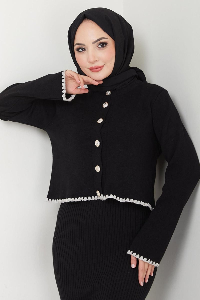 Hafsamina Shepherd Stitched Cardigan and Vest Knitwear Set Black HM2613 - Image 2