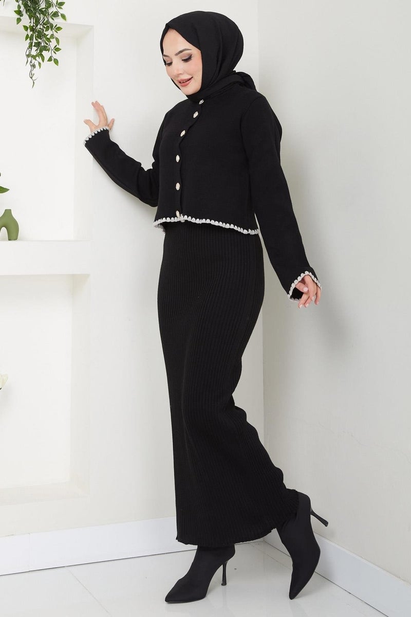 Hafsamina Shepherd Stitched Cardigan and Vest Knitwear Set Black HM2613 - Image 3