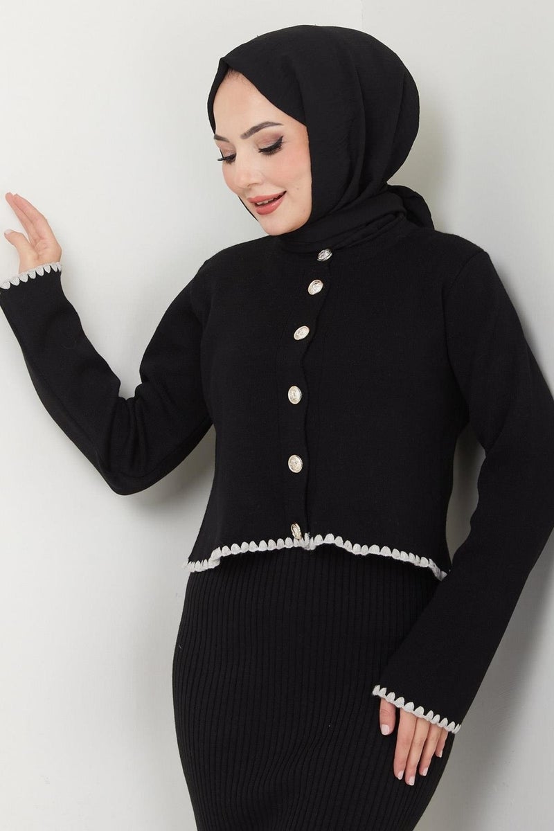Hafsamina Shepherd Stitched Cardigan and Vest Knitwear Set Black HM2613 - Image 5