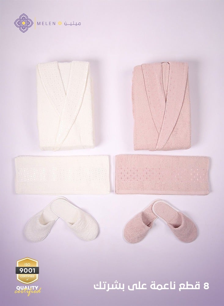Melen Bulgarian Cotton Bathrobe Set 8 Pieces - Garden -Ecru-pink - Image 1