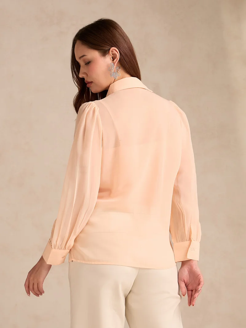 Outzidr  Peach Flowy Georgette Shirt With Applique Flower Embellishment for Women | Best Price UAE