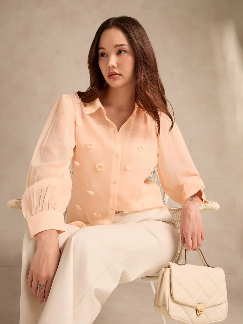Outzidr  Peach Flowy Georgette Shirt With Applique Flower Embellishment for Women | Best Price UAE