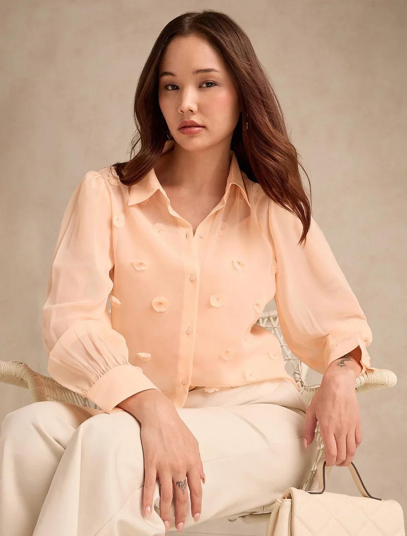 Outzidr  Peach Flowy Georgette Shirt With Applique Flower Embellishment for Women | Best Price UAE