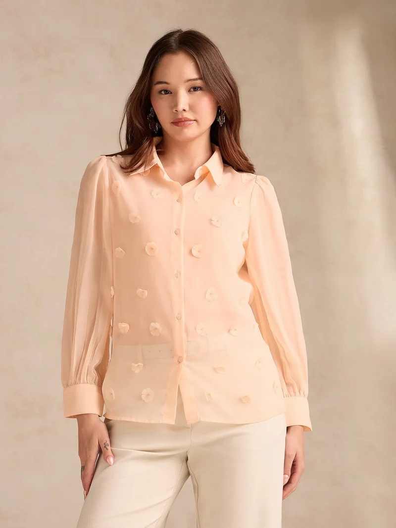 Outzidr  Peach Flowy Georgette Shirt With Applique Flower Embellishment for Women | Best Price UAE