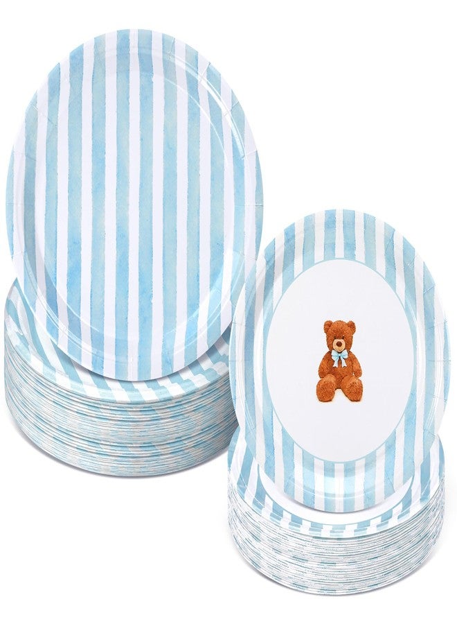 SiliFine 50 Pcs Bear Baby Shower Paper Plates 7 & 9 Inch Blue Stripes Bear Decorative Party Supplies Disposable Paper Dinner Dessert Plates for Birthday Baby Shower Party Decorations - Image 1