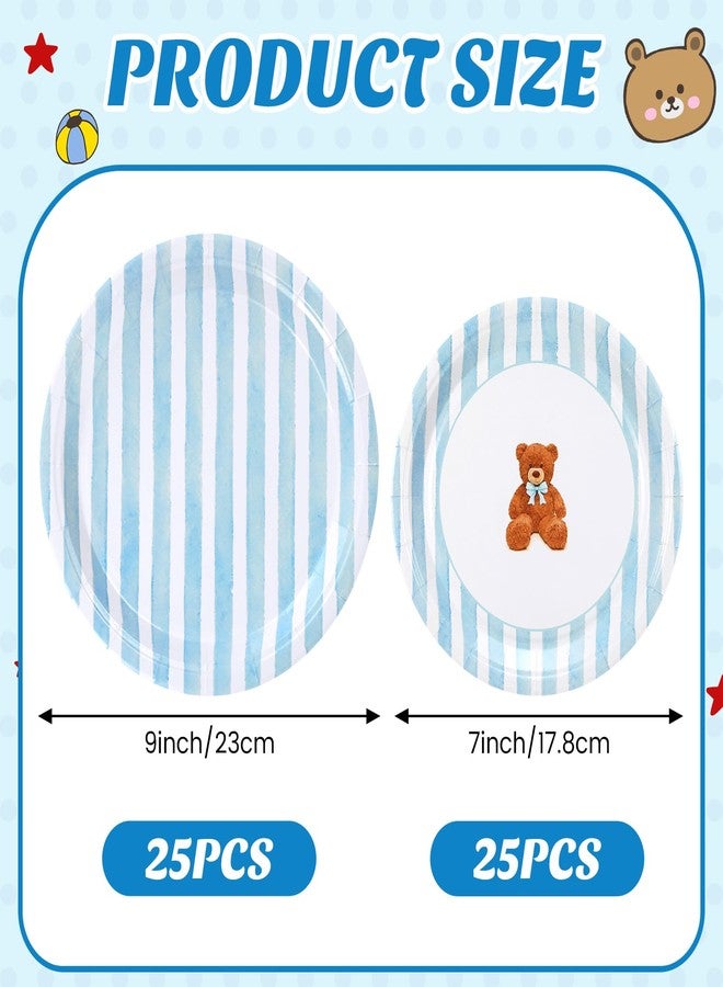 SiliFine 50 Pcs Bear Baby Shower Paper Plates 7 & 9 Inch Blue Stripes Bear Decorative Party Supplies Disposable Paper Dinner Dessert Plates for Birthday Baby Shower Party Decorations - Image 2