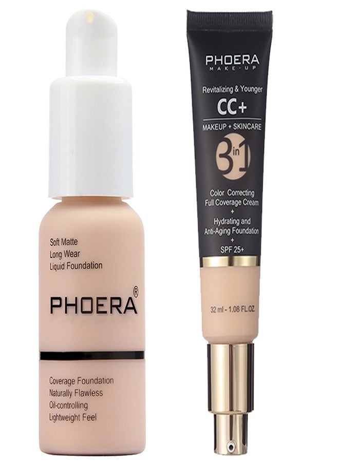Hilareco PHOERA Foundation Full Coverage,PHOERA CC Cream Color Correcting Anti Aging Hydrating Serum &SPF 25+,PHOERA Makeup Wrinkles Matte Natural Finish for a Flawless Complexion(101+100/Porcelain+Porcelain) - Image 1