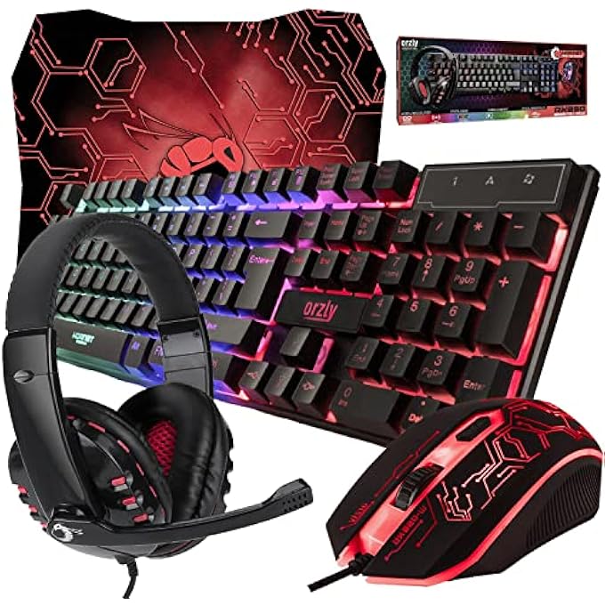 Orzly GAMING KEYBOARD AND MOUSE, MOUSE PAD & GAMING HEADSET, WIRED LED RGB BACKLIGHT BUNDLE FOR PC GAMERS AND XBOX AND PS4 USERS - 4 IN 1 GIFT BOX EDITION HORNET RX-250 - Image 1