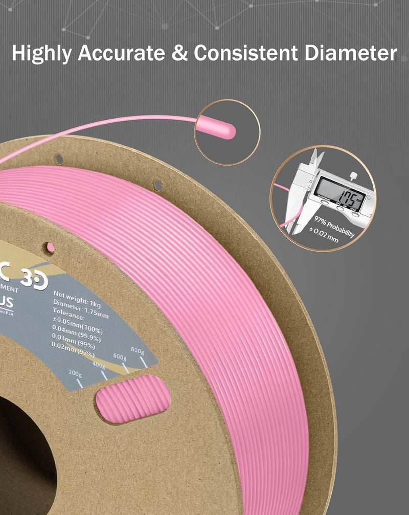 DURAMIC 3D PLA+ Filament 1.75mm 1Kg Pink, PLA Plus Filament 1Kg Spool(2.2lbs) Tougher and Stronger, Dimensional Accuracy Probability +/- 0.02mm - Image 3
