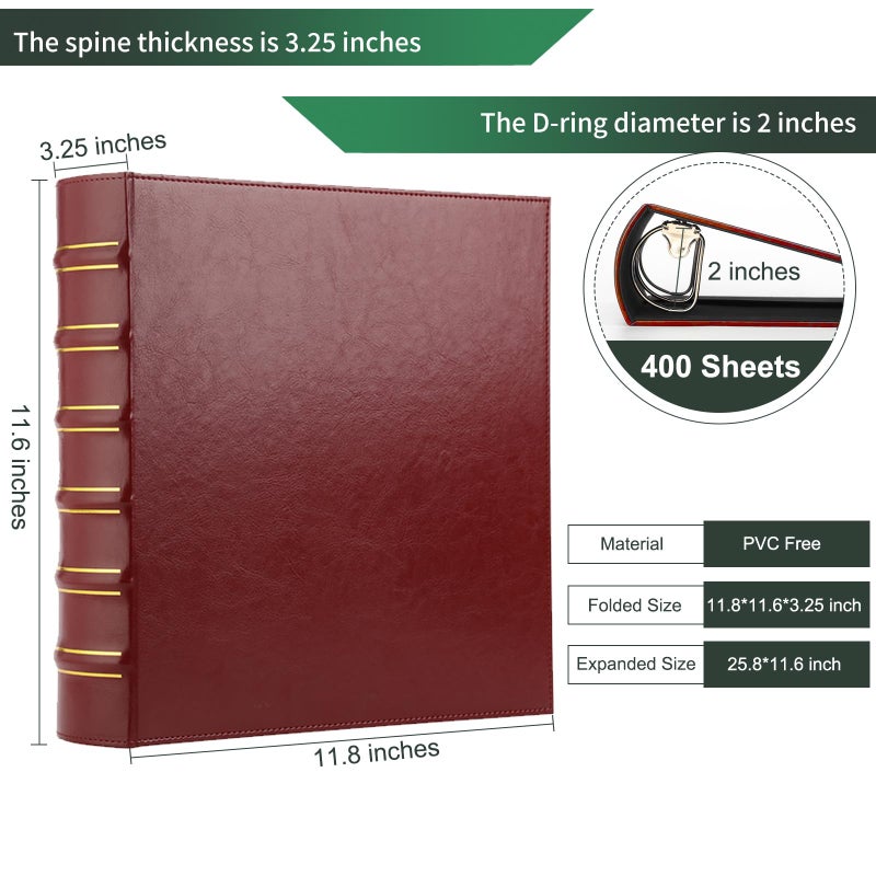 LETVPVOW Vintage Hardback 3 Ring Binder 2 Inch, Professional Leather Binder 3 Ring, Three Ring Binders Fits 8.5" x 11", D Ring Binders for Photo Album, Home, School and Office Supplies- Dark Red - Image 2