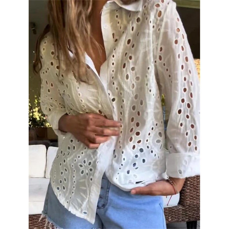 2024 European and American Spring and Autumn Solid Color Shirt Collar Loose Embroidery Hollow plus size Shirt Top for Women White
