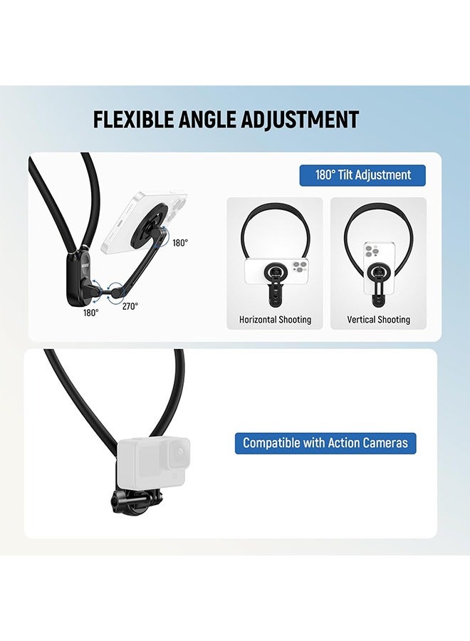 NEEWER Magnetic Neck Holder for Action Camera u0026 Phone, Hands Free Neck Tripod Chest Mount Compatible with GoPro DJI Insta360 iPhone 15 Android, Neck Phone Holder for Recording POV Video Vlog, GP16 - Image 2