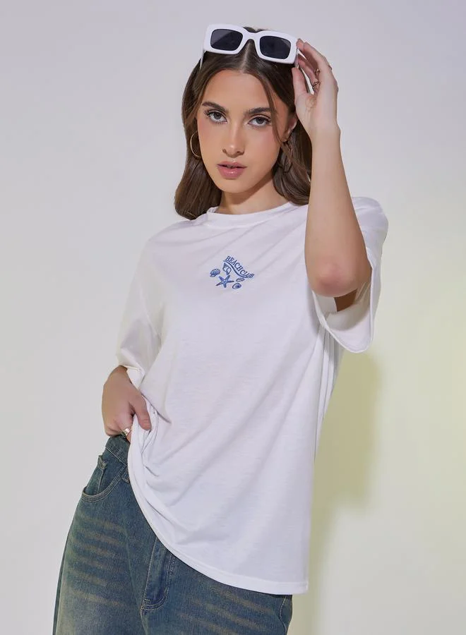 Take Two Embroidered Round Neck Relaxed Fit T-Shirt