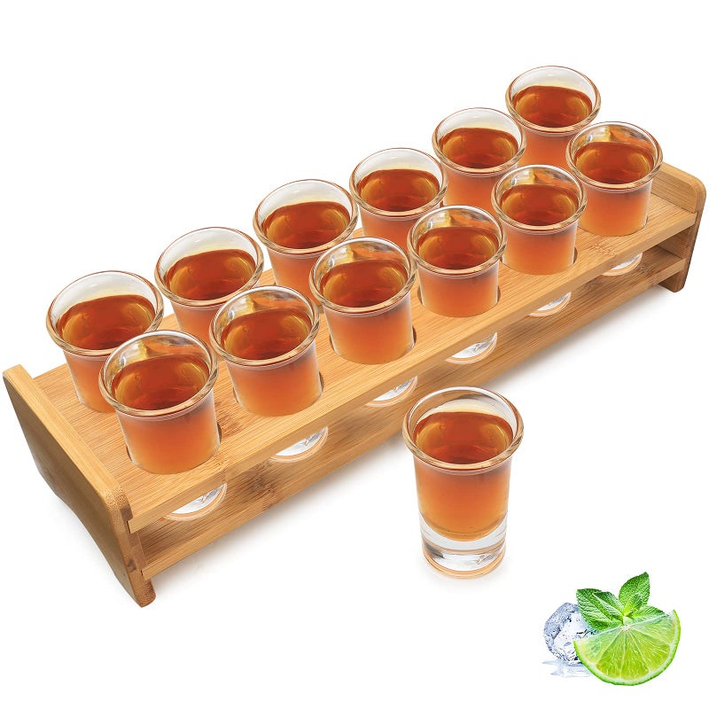 SuproBarware Shot Glass Set Bulk Cocktail Holder and Shot Glasses 1oz30ml Drinks Serving Board Organizer with Clear Crystal Glass 12 pcs for Liquor Shots Whisky Brandy Vodka Rum at Home Party Bar